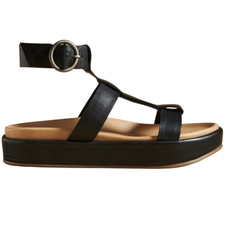 Beek Black Leather Platform T-Strap Sandal with Buckle